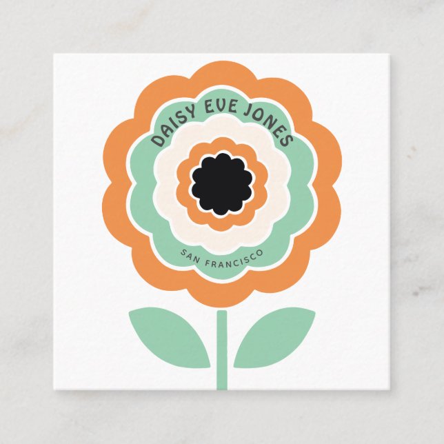 Retro Boho Orange Black Green Blume Circle Quadratische Visitenkarte (Vorderseite)