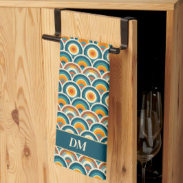 Retro Boho Orange Blue Sun Muster Monogram Geschirrtuch