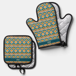 Retro Boho Orange Blue Sun Muster Monogram Ofenhandschuh & Topflappen-Set