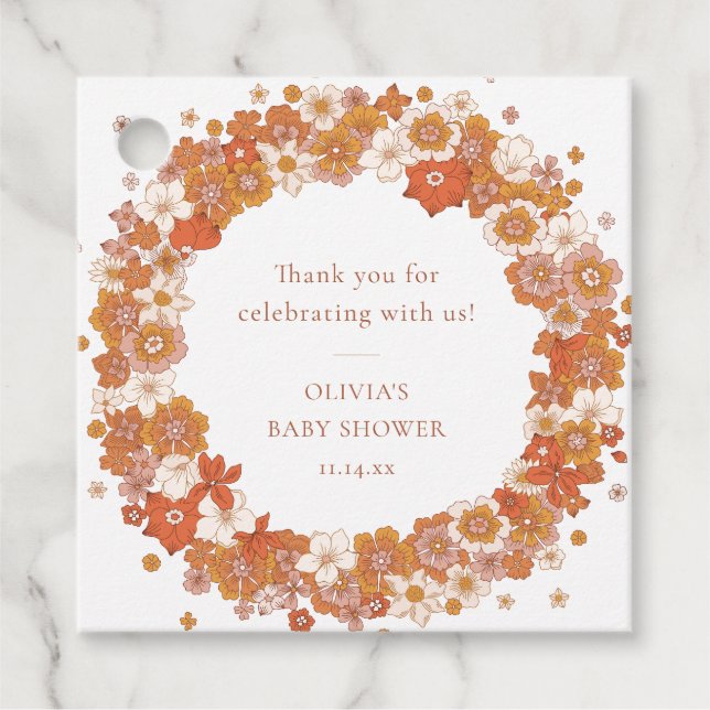Retro Boho Orange Floral Baby Shower Thank You Geschenkanhänger (Vorderseite)