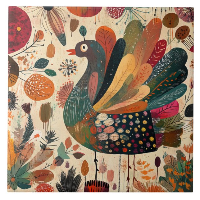 Retro Boho Patchwork Herbst Truthahn Fliese (Vorderseite)