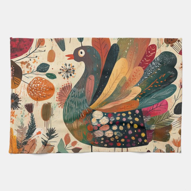 Retro Boho Patchwork Herbst Truthahn Geschirrtuch (Horizontal)