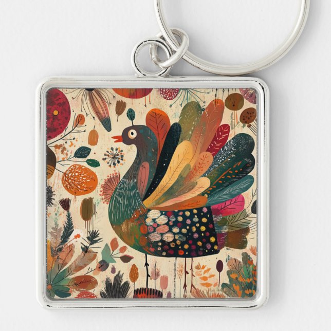 Retro Boho Patchwork Herbst Truthahn Schlüsselanhänger (Vorne)