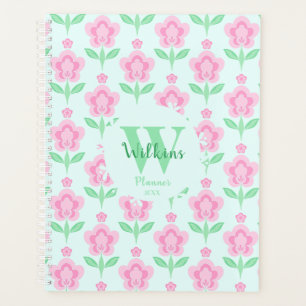 Retro Boho Pink Blume Personalisiert Monogramm Planer