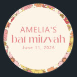 Retro Boho Pink Floral Groovy Bat Mitzvah Custom Runder Aufkleber<br><div class="desc">Retro Boho Pink Gelbe Blütengroovy Custom Bat Mitzvah Klassischer Rundsticker</div>