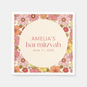 Retro Boho Pink Floral Groovy Bat Mitzvah Custom Serviette