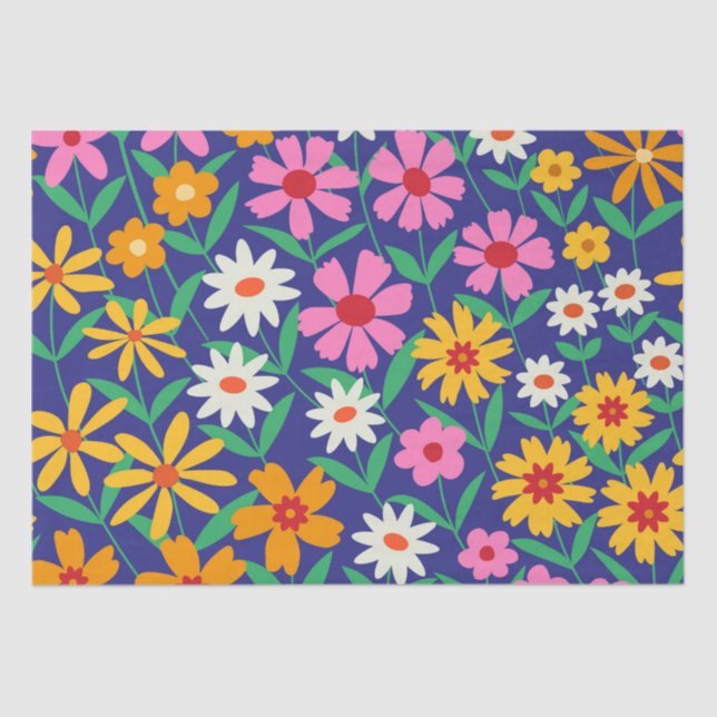 Retro Boho Pink orange Blumenmuster auf marineblau Seidenpapier (Vorderseite)