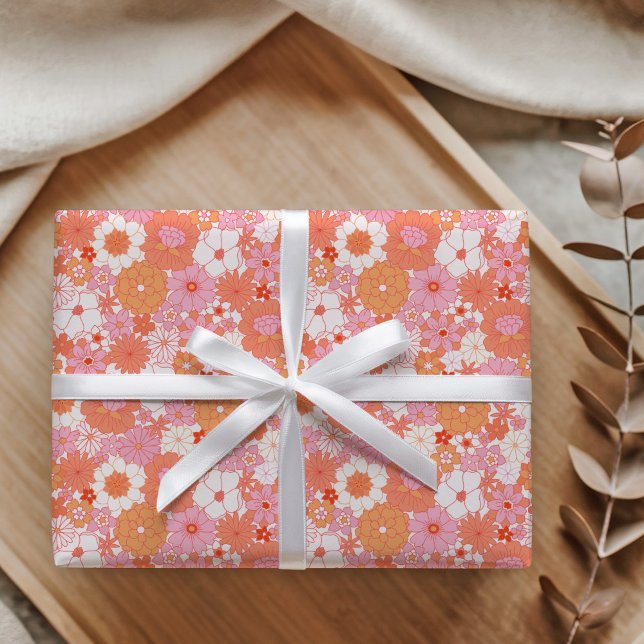 Retro Boho Pink Orange Niedliche Babydusche Geschenkpapier (Von Creator hochgeladen)