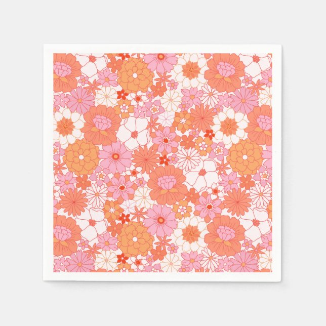 Retro Boho Pink Orange Niedliche Blume Serviette (Vorderseite)