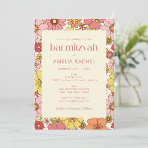 Retro Boho Pink Yellow Floral Groovy Bat Mitzvah Einladung