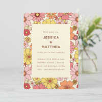 Retro Boho Pink Yellow Floral Groovy Wedding