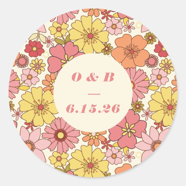 Retro Boho Pink Yellow Floral Wedgram Runder Aufkleber (Vorderseite)