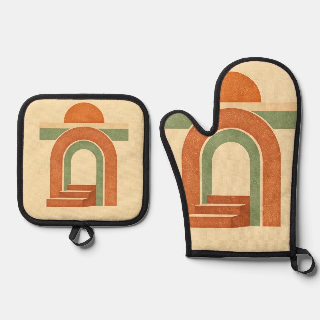 Retro-Boho-Regenbogenbogen Minimalistisches Design Ofenhandschuh & Topflappen-Set (Vorderseite)