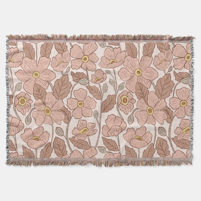 Retro Boho Rosa Botanisch Illustriert Floral  Decke (Vorderseite)