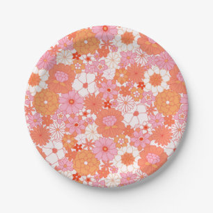 Retro Boho Rosa Orange Blumen Süße Blumen Pappteller