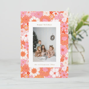 Retro Boho Rosa Orange Blumen Süßes Foto Feiertagskarte