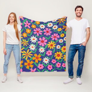 Retro-Boho-Rosa-Orange-Blumenmuster auf navyblau Fleecedecke