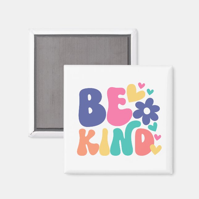 Retro Boho Sei nett  – Farbige Groovy-Blumenherz Magnet (Vorderseite/Rückseite)