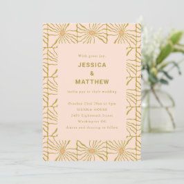 Retro-Boho-Senf-Blumenfliesen-QR-Code-Hochzeit Einladung
