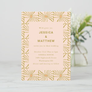 Retro-Boho-Senf-Blumenfliesen-QR-Code-Hochzeit Einladung