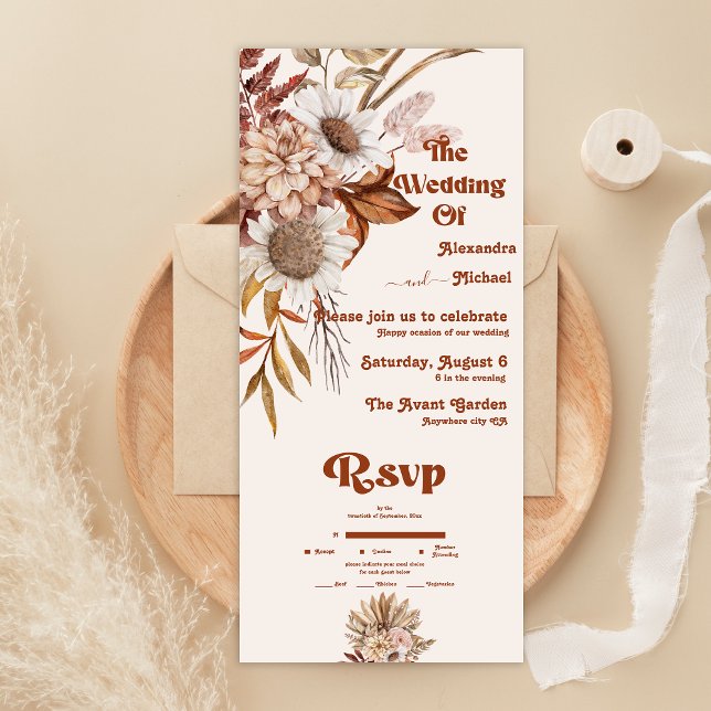 Retro Boho Terracotta Burnt Orange Wedding All In One Einladung (Von Creator hochgeladen)