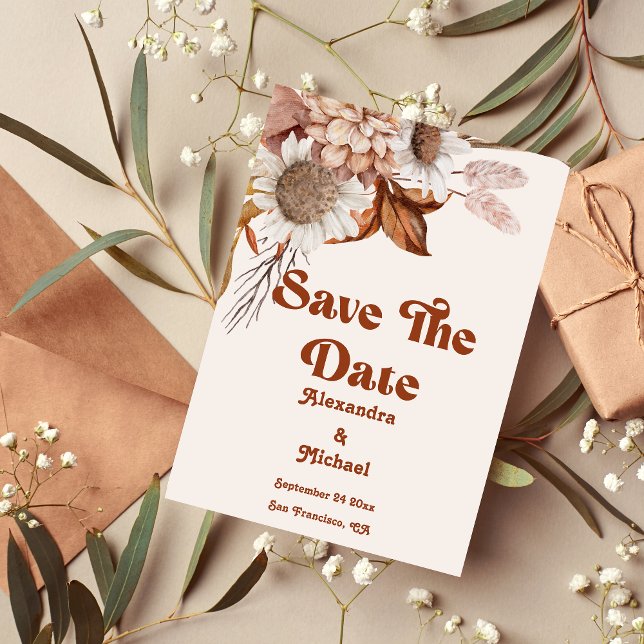 Retro Boho Terracotta Burnt Orange Wedding Save The Date (Von Creator hochgeladen)