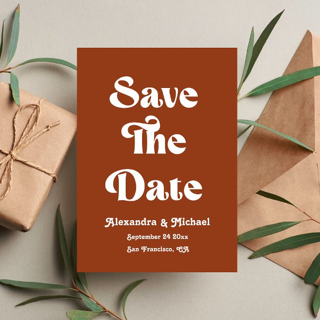 Retro Boho Terracotta Burnt Orange Wedding Save The Date (Von Creator hochgeladen)