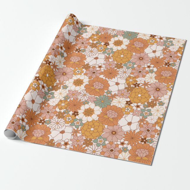 Retro Boho Terracotta Floral Blume Bohemisch Geschenkpapier (Ungerollt)
