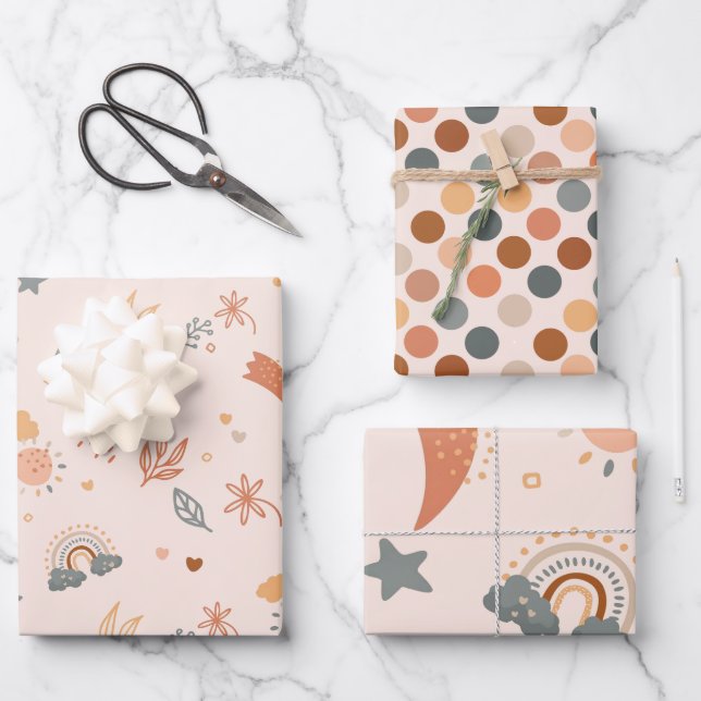 Retro Boho Wasserfarbe Regenbogenneutral Geschenkpapier Set (Vorderseite)