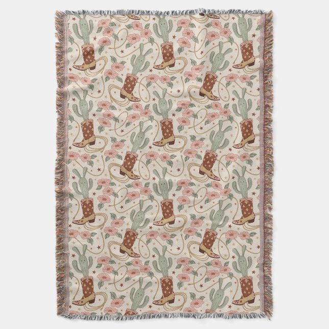 Retro-Boho-Western-Wüsten-Kaktus- und Blumenmuster Decke (Vorderseite Vertikal)