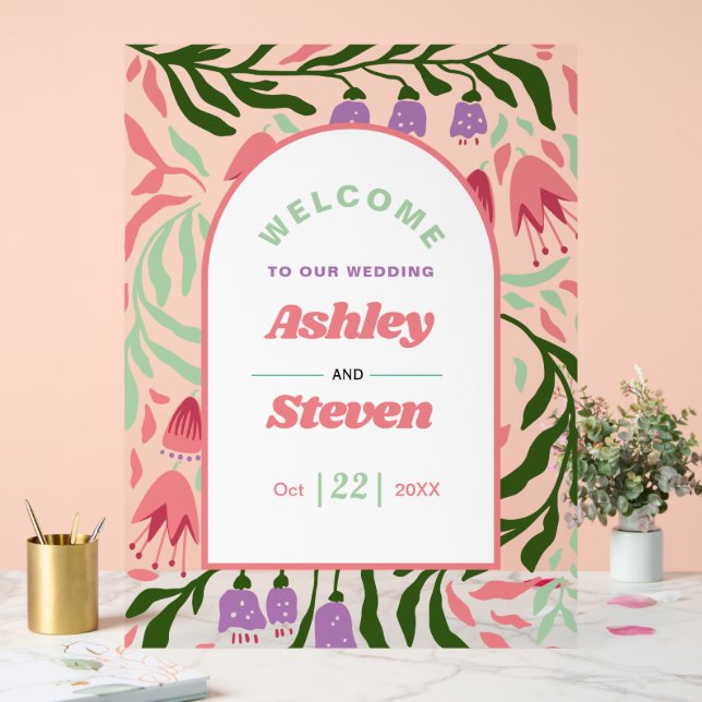 Retro-Boho Zweige mit Blume Begrüßung Hochzeit Acrylschild (Hochzeit)