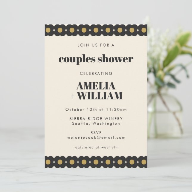 Retro Bold Black and Gold Floral Couples Dusche Einladung (Stehend Vorderseite)