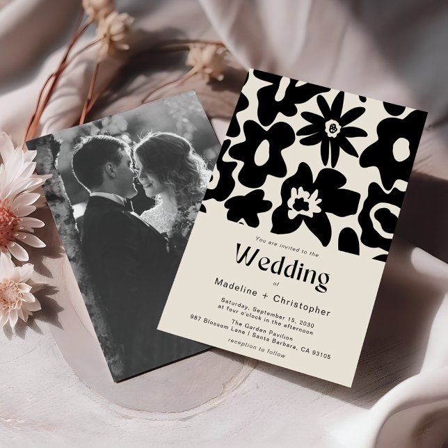 Retro Bold floral Foto Wedding Einladung (Von Creator hochgeladen)