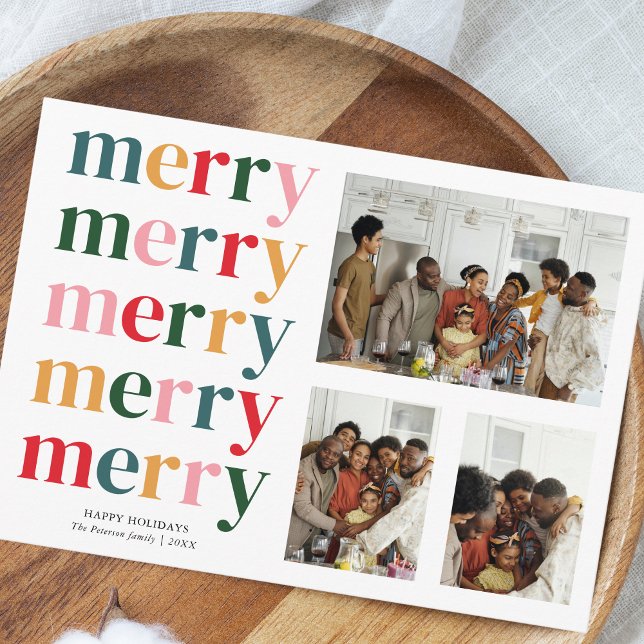 Retro Bold Frohe Weihnachten Moderne Minimal 3 Fot (Three photos Christmas holiday card)
