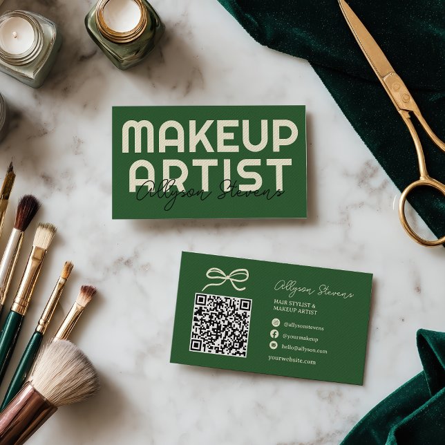 Retro Bold Green Makeup-Artist QR-Code Visitenkarte (Retro Bold Green Makeup Artist QR Code Business Card)