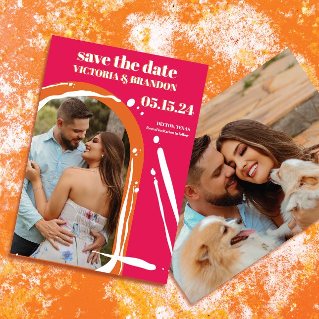 Retro Bold Neon Orange Pink Arch Wedding Save The Date (Von Creator hochgeladen)