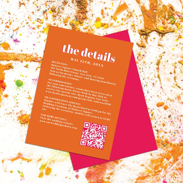 Retro Bold Neon Orange Pink Wedding QR Details Begleitkarte (Von Creator hochgeladen)