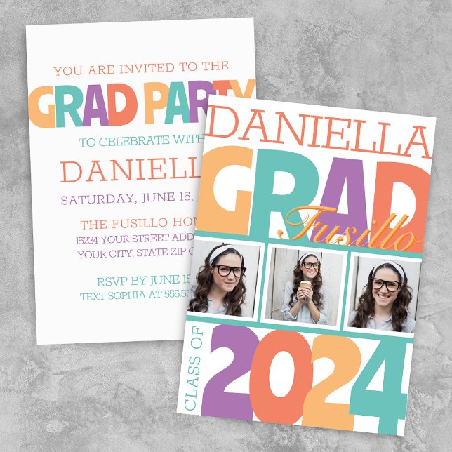 Retro Bold Oversified 3 Foto Grad Party Einladung (Modern Retro Oversized 3 Photo Graduation Announcement Grad Party Invitation)