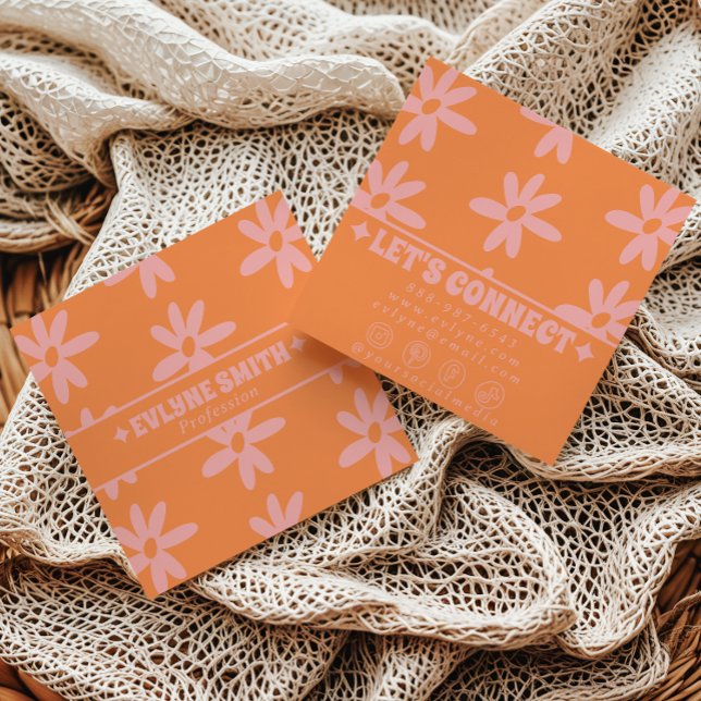 Retro Bold Pink Orange Groovy Floral Girly Funky Quadratische Visitenkarte (Von Creator hochgeladen)