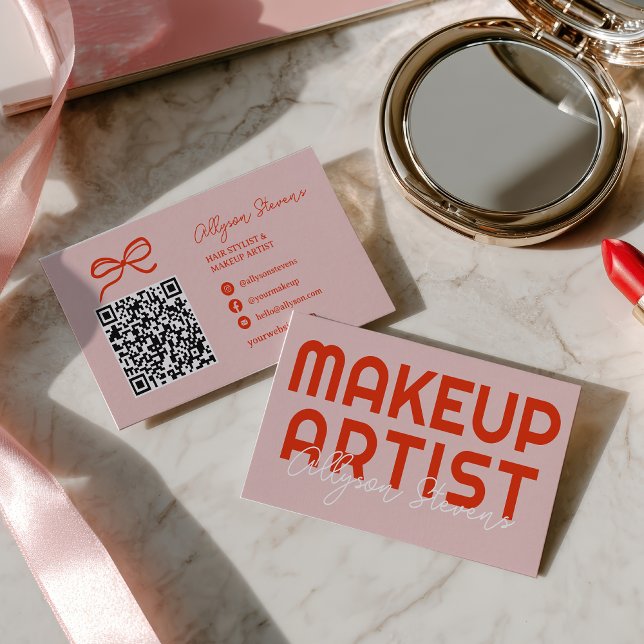 Retro Bold Pink-Rot-Makeup-Artist-QR-Code Visitenkarte (Retro Bold Pink Red Makeup Artist QR Code Business Card)