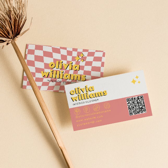 Retro Bold QR Code 70s Groovy Checkered Trendy Visitenkarte (Von Creator hochgeladen)