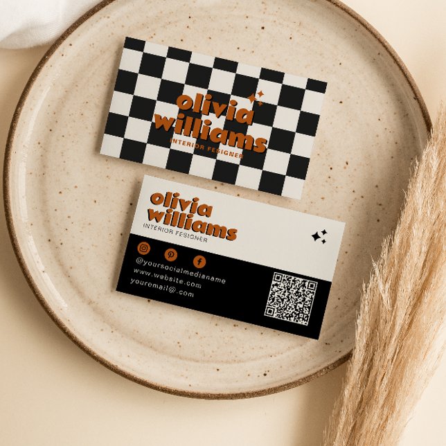 Retro Bold QR Code Boho Groovy Kariert Funky Visitenkarte (Von Creator hochgeladen)
