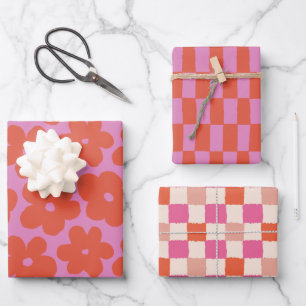 Retro Bold Rosa und Orange Blumen und Karos Geschenkpapier Set
