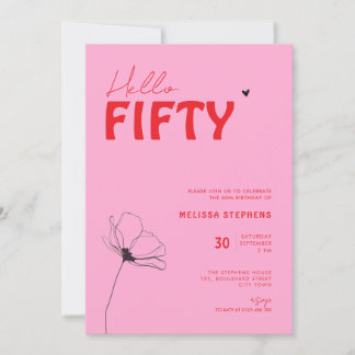 Retro Bold Typo Pink Rot Einfacher 50. Geburtstag Einladung