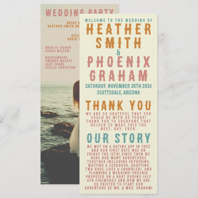 Retro Bold Typografie Bright Foto Wedding Programm (Vorne/Hinten)