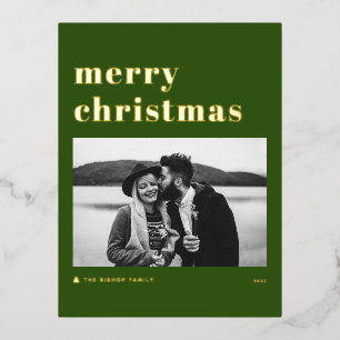 Retro Bold Typografie Grün Frohe Weihnachten Foto Folien Feiertagspostkarte