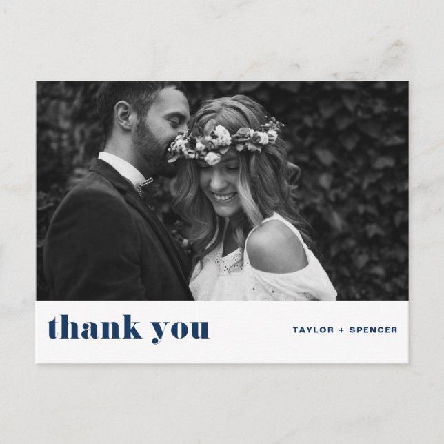 Retro Bold Typografie Navy Blue Wedding Vielen Dan Postkarte (Vorderseite)