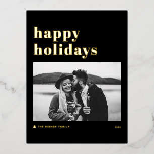 Retro Bold Typografy Black Happy Holidays Foto Folien Feiertagspostkarte