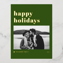 Retro Bold Typografy Green Happy Holidays Foto Folien Feiertagspostkarte