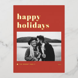 Retro Bold Typografy Red Happy Holidays Foto Folien Feiertagspostkarte